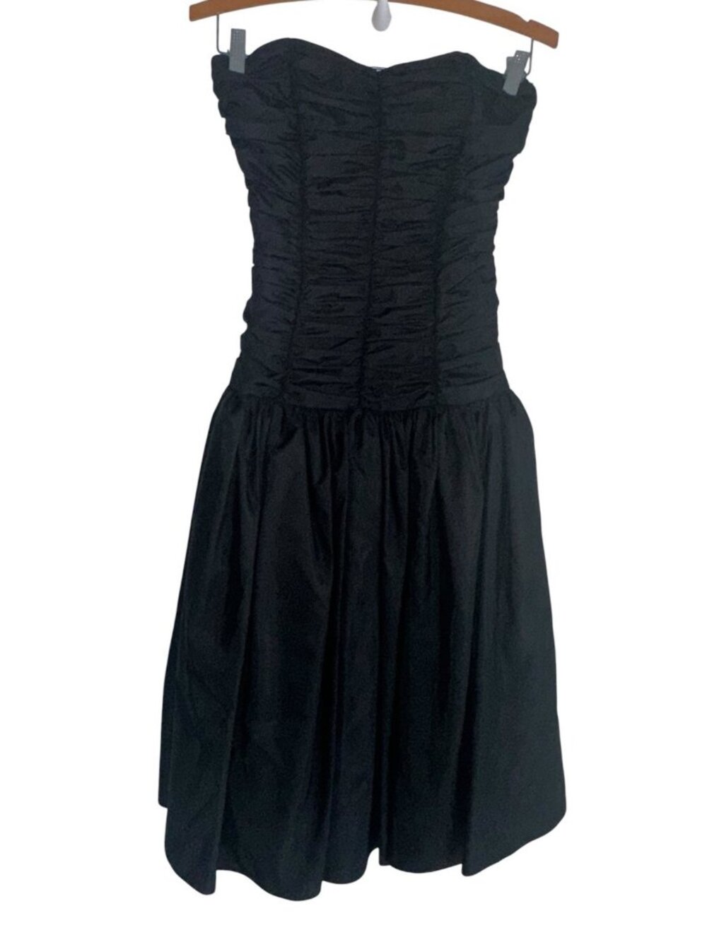 VTG 80s Katie Mfg Womens Strapless Drop Waist Gown Sz 5/6 Black Taffeta Midi